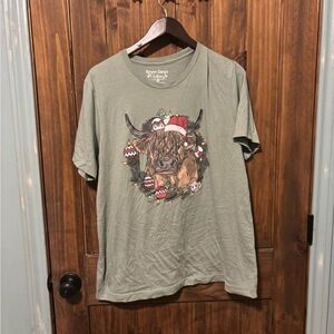 Festive Green Short Sleeve Tee with Cow Graphic